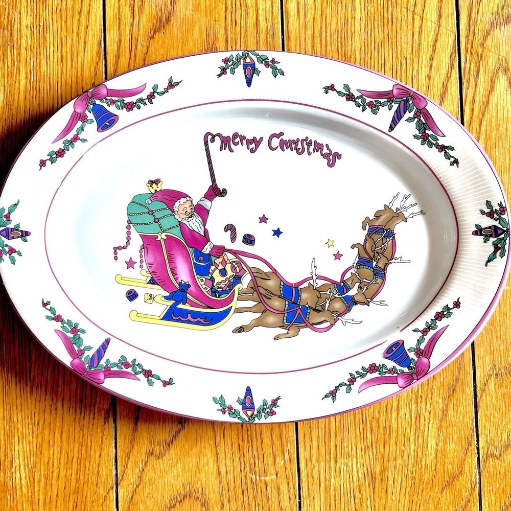 GEI Christmas/Holiday Santa’s Sleigh & Reindeer  14x10” Serving Platter Vintage
